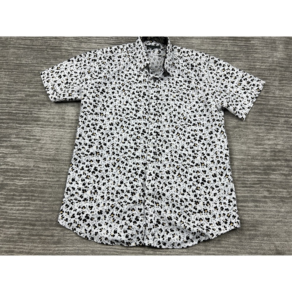 Planet B Button Down Shirt Mens L White Floral Print PM457 Short Sleeve Casual